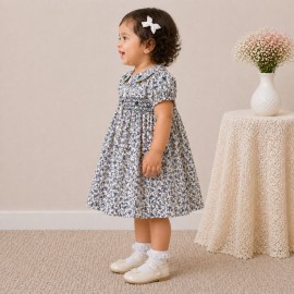 Baby Girl Blue Floral Cotton Dress with Peter Pan Collar & Smocked Bodice