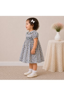 Baby Girl Blue Floral Cotton Dress with Peter Pan Collar & Smocked Bodice