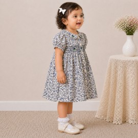 Baby Girl Blue Floral Cotton Dress with Peter Pan Collar & Smocked Bodice