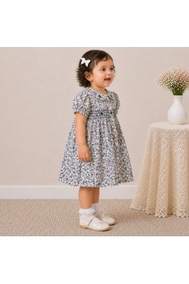 Baby Girl Blue Floral Cotton Dress with Peter Pan Collar & Smocked Bodice