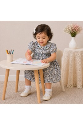 Baby Girl Blue Floral Cotton Dress with Peter Pan Collar & Smocked Bodice