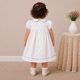Baby Girl White Cotton Dress with Floral Embroidery & Blue Piping Collar