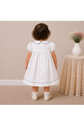 Baby Girl White Cotton Dress with Floral Embroidery & Blue Piping Collar