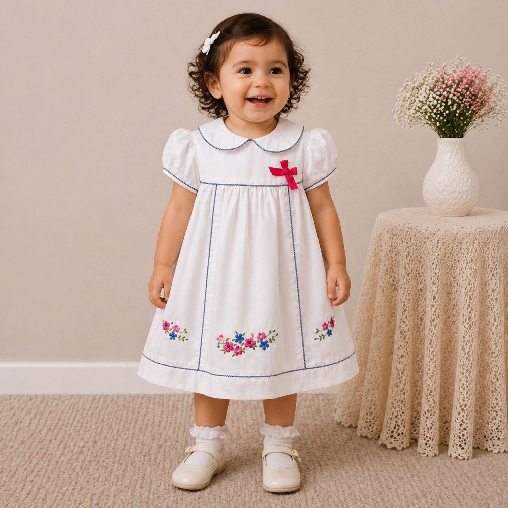 Baby Girl White Cotton Dress with Floral Embroidery & Blue Piping Collar