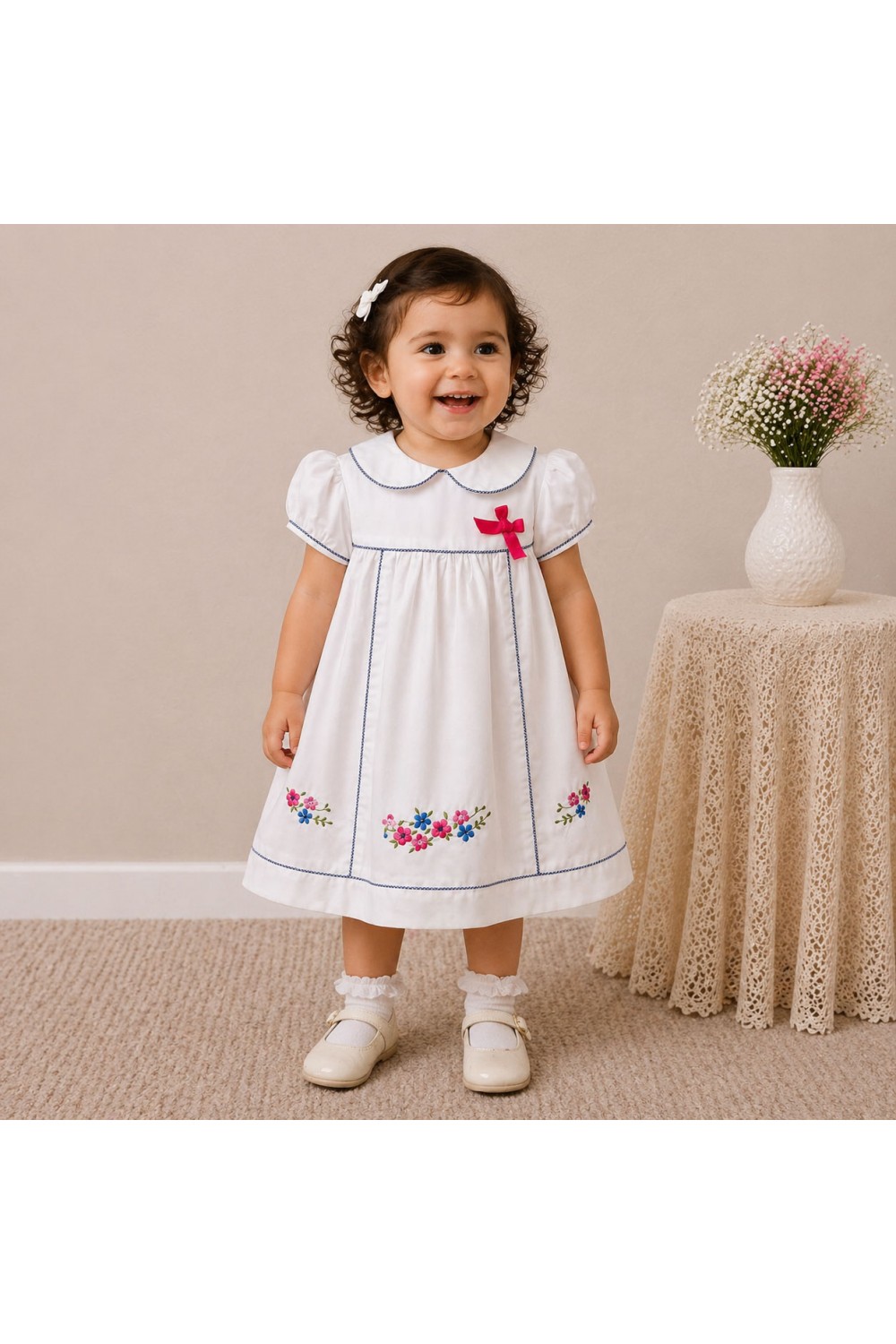 Baby Girl White Cotton Dress with Floral Embroidery & Blue Piping Collar