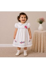 Baby Girl White Cotton Dress with Floral Embroidery & Blue Piping Collar