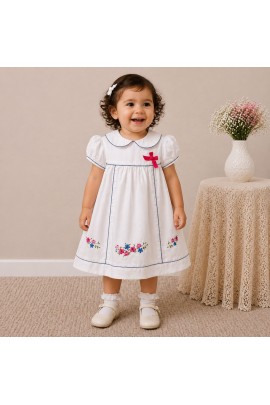 Baby Girl White Cotton Dress with Floral Embroidery & Blue Piping Collar