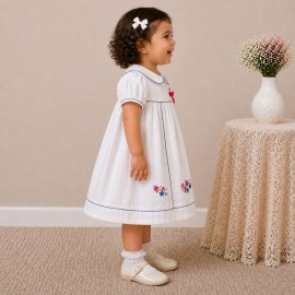 Baby Girl White Cotton Dress with Floral Embroidery & Blue Piping Collar