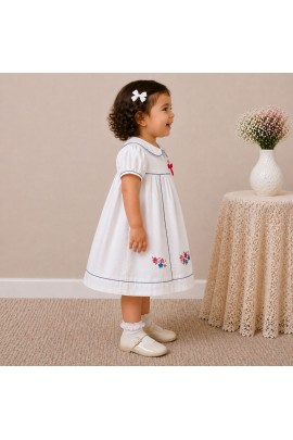 Baby Girl White Cotton Dress with Floral Embroidery & Blue Piping Collar