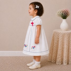 Baby Girl White Cotton Dress with Floral Embroidery & Blue Piping Collar