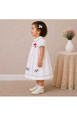 Baby Girl White Cotton Dress with Floral Embroidery & Blue Piping Collar