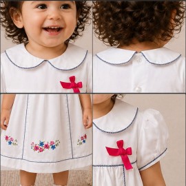 Baby Girl White Cotton Dress with Floral Embroidery & Blue Piping Collar