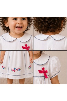 Baby Girl White Cotton Dress with Floral Embroidery & Blue Piping Collar
