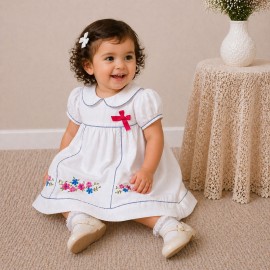 Baby Girl White Cotton Dress with Floral Embroidery & Blue Piping Collar