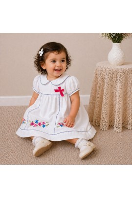 Baby Girl White Cotton Dress with Floral Embroidery & Blue Piping Collar