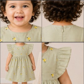 Olive Green Floral Embroidered Baby Girl Dress with Ruffle Sleeves & Back Bow