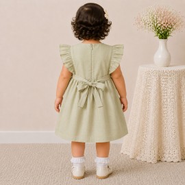 Olive Green Floral Embroidered Baby Girl Dress with Ruffle Sleeves & Back Bow