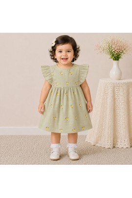 Olive Green Floral Embroidered Baby Girl Dress with Ruffle Sleeves & Back Bow