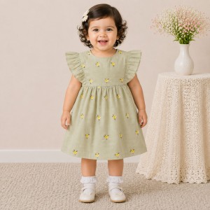 Olive Green Floral Embroidered Baby Girl Dress with Ruffle Sleeves & Back Bow