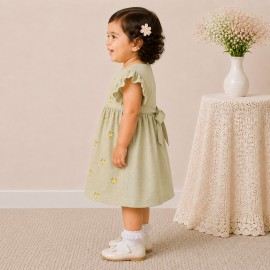 Olive Green Floral Embroidered Baby Girl Dress with Ruffle Sleeves & Back Bow