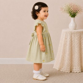 Olive Green Floral Embroidered Baby Girl Dress with Ruffle Sleeves & Back Bow