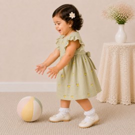 Olive Green Floral Embroidered Baby Girl Dress with Ruffle Sleeves & Back Bow