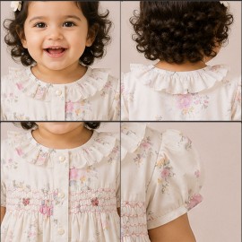 Elegant Floral Print Baby Girl Dress with Smocked Yoke & Ruffle Collar
