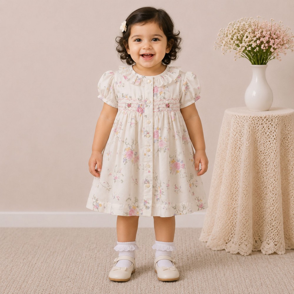 Elegant Floral Print Baby Girl Dress with Smocked Yoke & Ruffle Collar