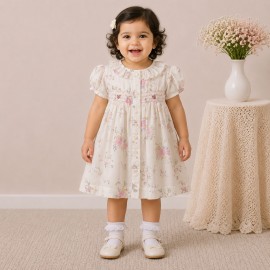 Elegant Floral Print Baby Girl Dress with Smocked Yoke & Ruffle Collar