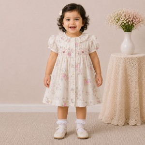 Elegant Floral Print Baby Girl Dress with Smocked Yoke & Ruffle Collar