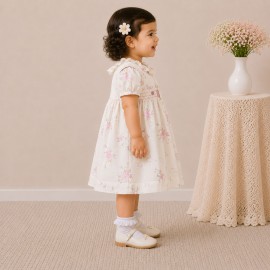 Elegant Floral Print Baby Girl Dress with Smocked Yoke & Ruffle Collar
