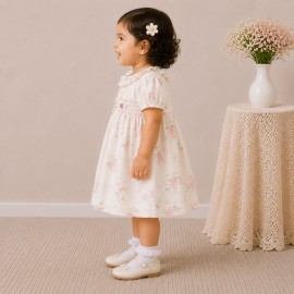 Elegant Floral Print Baby Girl Dress with Smocked Yoke & Ruffle Collar