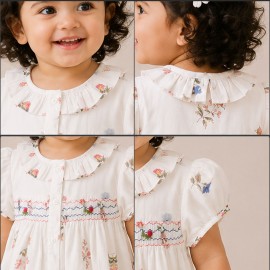 White Floral Printed Baby Girl Dress with Smocked Detail & Puff Sleeves