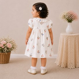 White Floral Printed Baby Girl Dress with Smocked Detail & Puff Sleeves