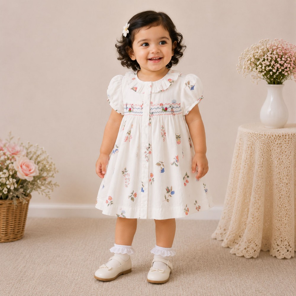 White Floral Printed Baby Girl Dress with Smocked Detail & Puff Sleeves