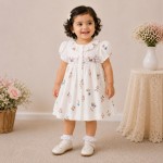 White Floral Printed Baby Girl Dress with Smocked Detail & Puff Sleeves