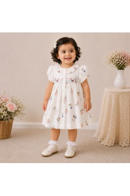 White Floral Printed Baby Girl Dress with Smocked Detail & Puff Sleeves