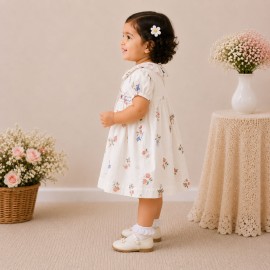 White Floral Printed Baby Girl Dress with Smocked Detail & Puff Sleeves
