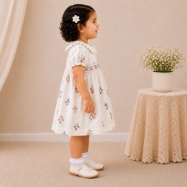 White Floral Printed Baby Girl Dress with Smocked Detail & Puff Sleeves