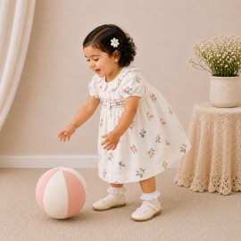 White Floral Printed Baby Girl Dress with Smocked Detail & Puff Sleeves