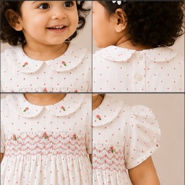 White Polka Dot Baby Girl Dress with Smocked Bodice & Peter Pan Collar