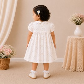 White Polka Dot Baby Girl Dress with Smocked Bodice & Peter Pan Collar