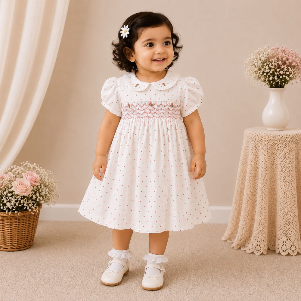 White Polka Dot Baby Girl Dress with Smocked Bodice & Peter Pan Collar