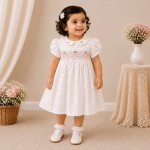 White Polka Dot Baby Girl Dress with Smocked Bodice & Peter Pan Collar