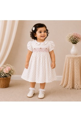 White Polka Dot Baby Girl Dress with Smocked Bodice & Peter Pan Collar