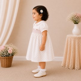 White Polka Dot Baby Girl Dress with Smocked Bodice & Peter Pan Collar