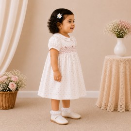 White Polka Dot Baby Girl Dress with Smocked Bodice & Peter Pan Collar