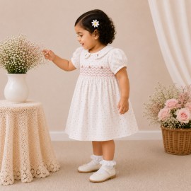 White Polka Dot Baby Girl Dress with Smocked Bodice & Peter Pan Collar