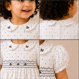 White Polka Dot Baby Girl Dress with Smocked Bodice & Peter Pan Collar