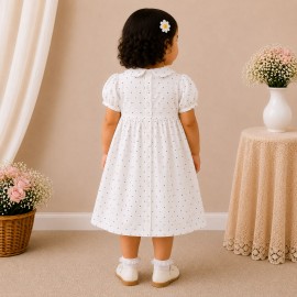 White Polka Dot Baby Girl Dress with Smocked Bodice & Peter Pan Collar